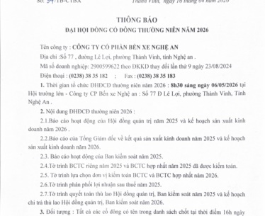 Thông báo Đại hội đồng cổ đông thường niên năm 2026