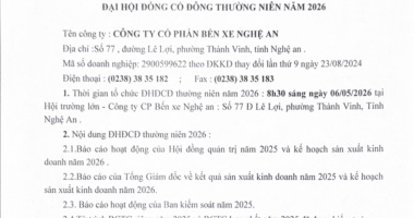Thông báo Đại hội đồng cổ đông thường niên năm 2026